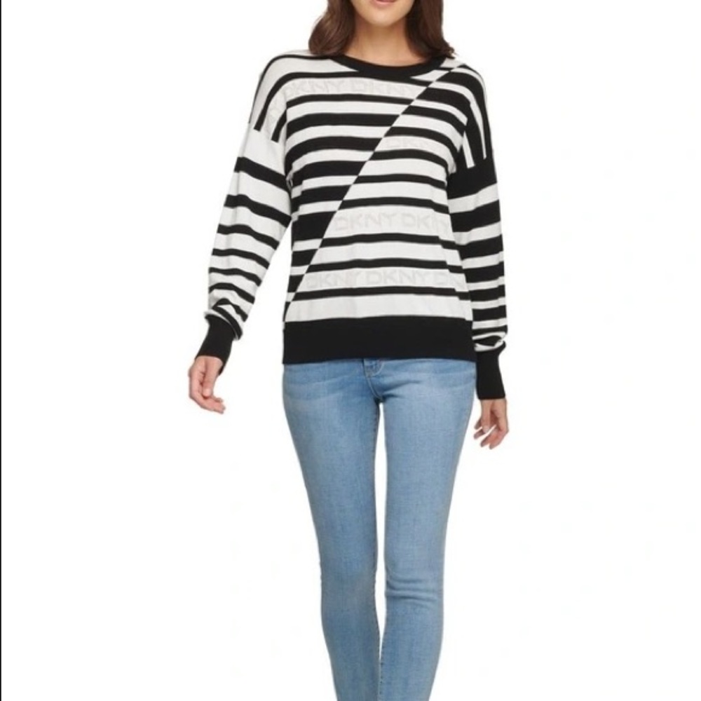 DKNY Women’s Striped Logo Sweater Black/White